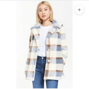 NWT Faux Fur Fuzzy Cream and Blue Plaid Coat - Size S